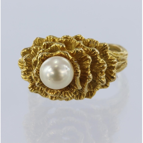 40 - Yellow gold (tests 18ct) pearl high lattice set dress ring, cultured saltwater pearl measures 6mm se... 