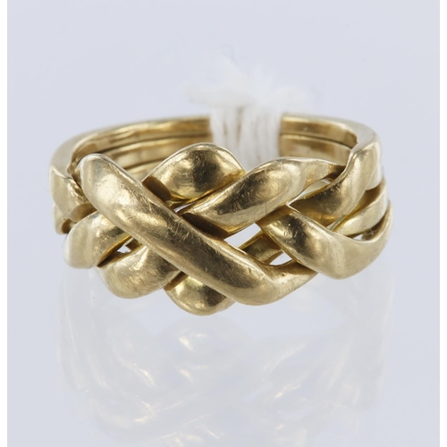 44 - 9ct yellow gold four band puzzle ring, finger size L/M, weight 6g.