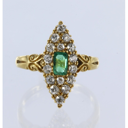 47 - Yellow gold (tests 18ct) Victorian navette diamond and emerald cluster ring, set with one baguette c... 