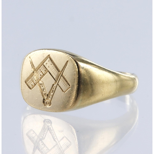 5 - 9ct yellow gold cushion shaped masonic signet ring, finger size U/V, weight 6.3g.