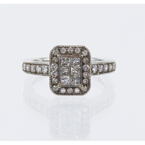 52 - 9ct white gold mix-cut diamond cluster ring, six princess cut diamonds in centre cluster, surrounded... 
