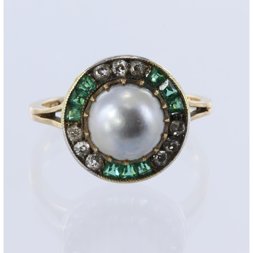 54 - Yellow metal stamped '18ct' Art Deco target ring, principle 7.8mm cultured pearl in a claw setting s... 