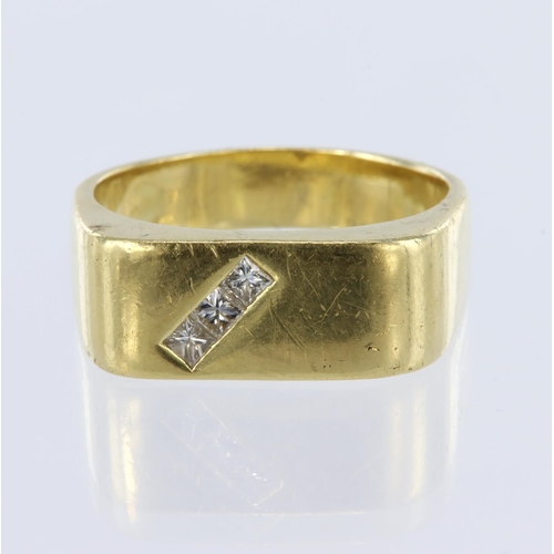 55 - Yellow gold (tests 18ct) rectangular diamond set signet ring, three square brilliant cut diamonds to... 