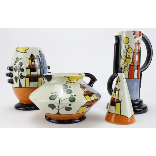 611 - Lorna Bailey. Four Lorna Bailey 'Pagoda Garden' pattern pieces, comprising two jugs, vase & sugar si... 