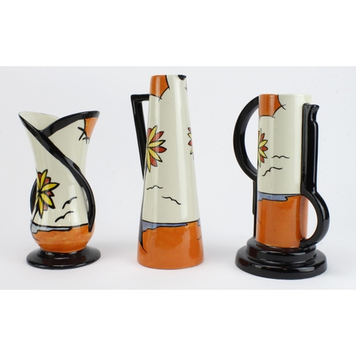 619 - Lorna Bailey. Three Lorna Bailey 'Beach' pattern pieces, comprising three large jugs, tallest 26.5cm... 