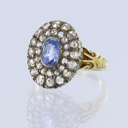 74 - Yellow gold (tests 14ct) antique sapphire and diamond double cluster ring, set with one cornflower b... 