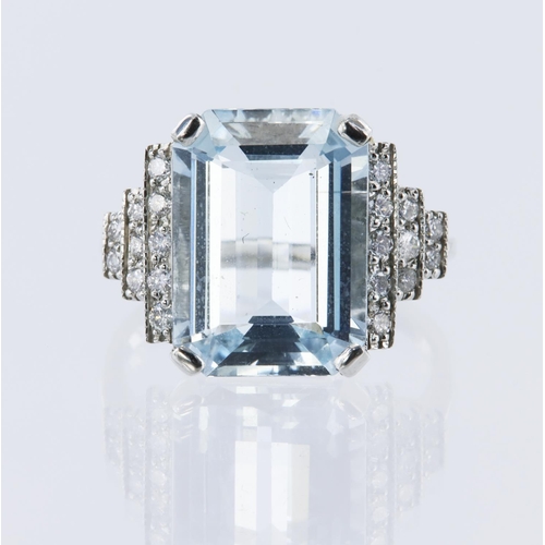 82 - Platinum (tests 950 standard) aquamarine cocktail dress ring, emerald-cut aquamarine measures 14.9mm... 