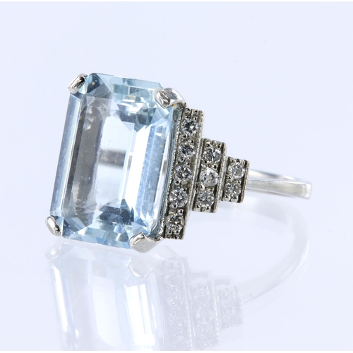 82 - Platinum (tests 950 standard) aquamarine cocktail dress ring, emerald-cut aquamarine measures 14.9mm... 