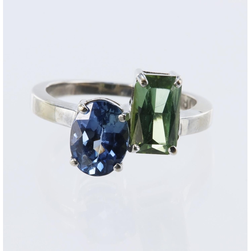 92 - 18ct white gold unique handmade sapphire and tourmaline Toi Et Moi ring, oval mixed cut cornflower b... 