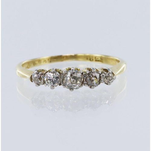 97 - Yellow gold (tests 18ct) diamond five stone ring, set with graduating old cut diamonds total weight ... 