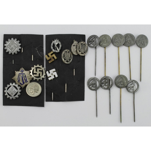 222 - German Nazi stick pins, NSDAP duplicated, various supporters badges, Infantry Assault, Close Combat,... 