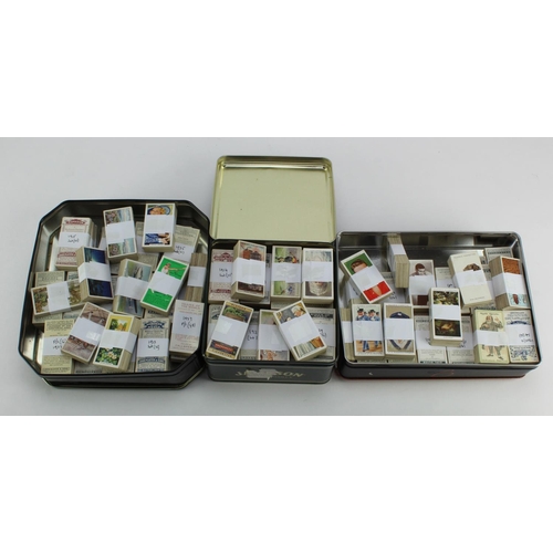 1237 - Cigarette card sets neatly sorted and banded with paper. Housed in 3x tins with sets A-D, E-M, N-Z. ... 