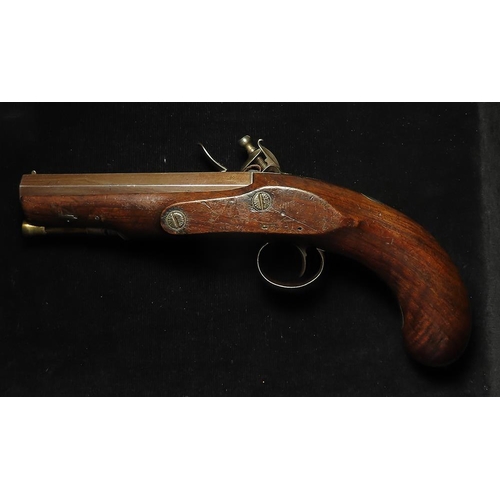 1352 - Flintlock overcoat, single shot pistol, browned octagonal barrel approx 5