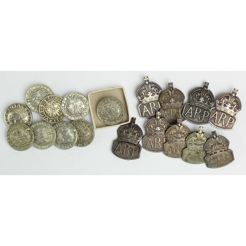 1625 - WWII ARP Silver Badges (x9) with WWII King’s Badges for Loyal Service (x9)