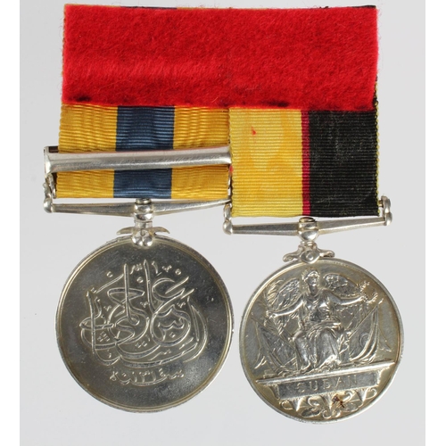 1634 - Queens Sudan Medal 1899 named (3205 Pte W Farrow 1/N.Staff R) with unnamed silver Khedive's Sudan Me... 