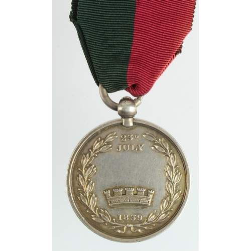 1649 - Ghuznee Medal 1839 with loop and small ring suspension, edge engraved (R. Stewart. Sergt. 2nd OR Que... 