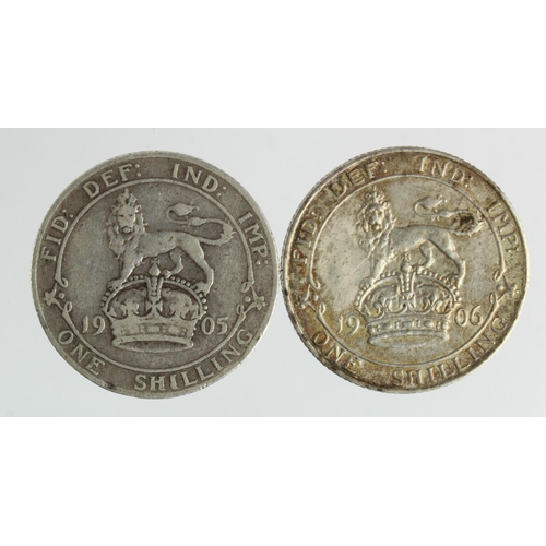 169 - Shillings (2): 1905 aF, small dent on rim, and 1906 lightly cleaned VF/GVF (hairlines)