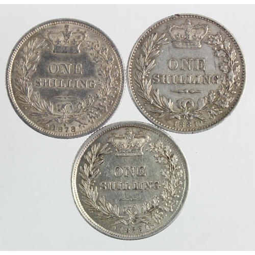 171 - Shillings (3): 1872 dn49 GVF hairlines, 1878 dn5 GVF, and 1881 Davies #917, VF