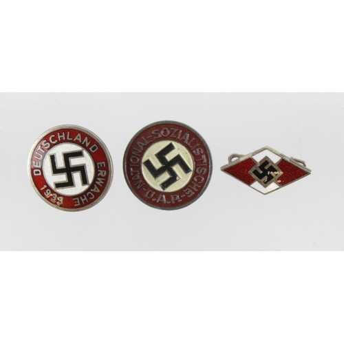 1719 - German Hitler youth lapel badge and two party badges.