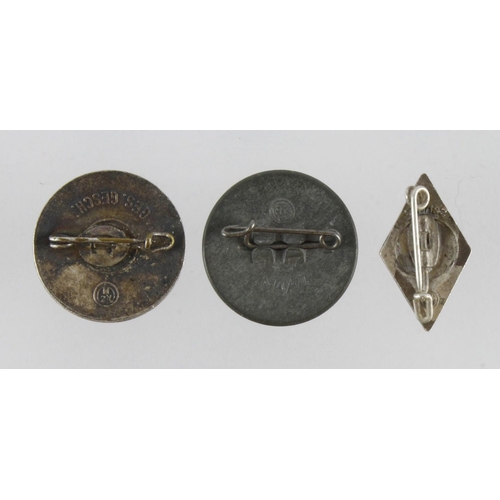 1719 - German Hitler youth lapel badge and two party badges.