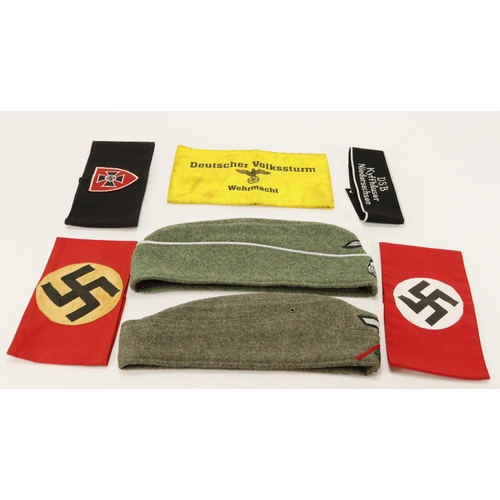 1758 - German Nazi Armbands (5x different) plus 2x replica sidecaps, an Army Artillery Field Cap, and an SS... 