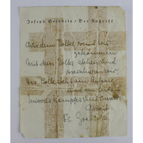 1766 - German Nazi interest - hand written letter / note by Joseph Goebbels, on headed noted paper 