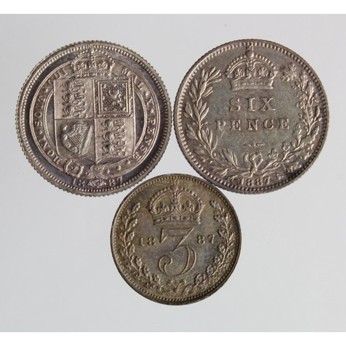 182 - Victorian Jubilee Silver (3): Sixpence 1887 garter lightly toned AU, 1887 wreath EF, and Threepence ... 