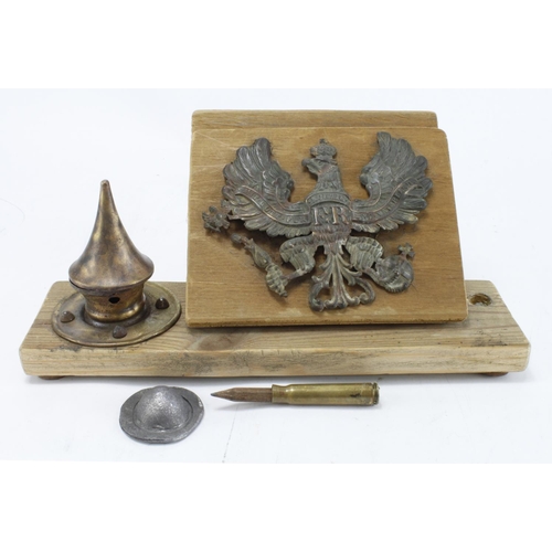 1967 - WW1 German Trench Art Desk Set Made from an Explosives Box and Pickelhaube Pieces.