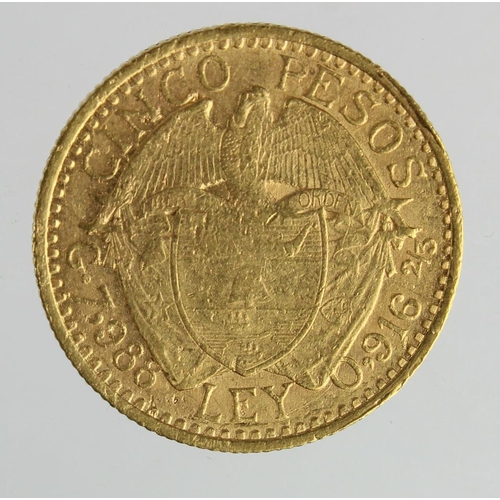 205 - Colombia gold 5 Pesos 1913, KM# 195.1, nVF (0.2355 troy oz AGW)