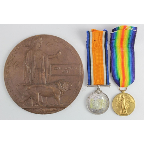 2092 - BWM & Victory Medal + Death Plaque (Missing a 1915 Star) to 13777 Pte John Edward Lane 1st Bn Linc's... 