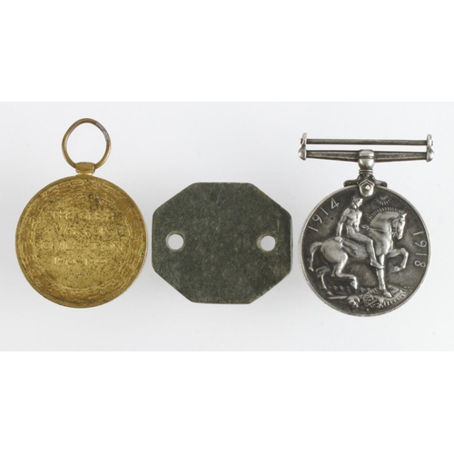 2103 - BWM & Victory Medal to (34877 Pte A Branscombe Leic R). Served with 2nd Bn. With ID Tag (14756423 A ... 