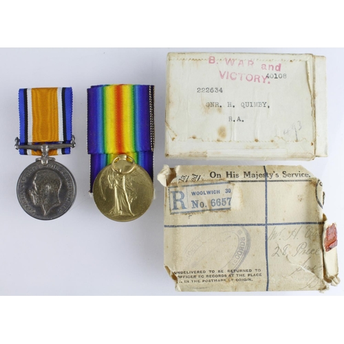 2105 - BWM & Victory Medal to 222634 Gnr H Quimby RA, with box and envelope of issue. (2)