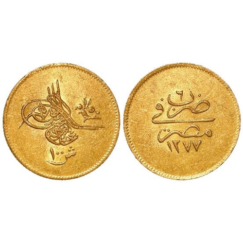 212 - Egypt, Ottoman Empire gold 100 Kurush AH 1277, year 6, 8.53g, KM# 263, GVF