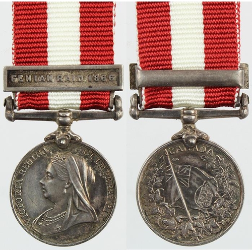 2125 - Canada General Service Medal 1899 with Fenian Raid 1866 clasp, high quality early miniature medal. C... 