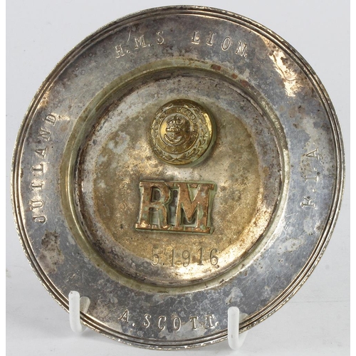 2265 - Jutland interest a Memorial ashtray stamped HMS Lion (VC ship) A.Scott KIA with Royal Marine button ... 