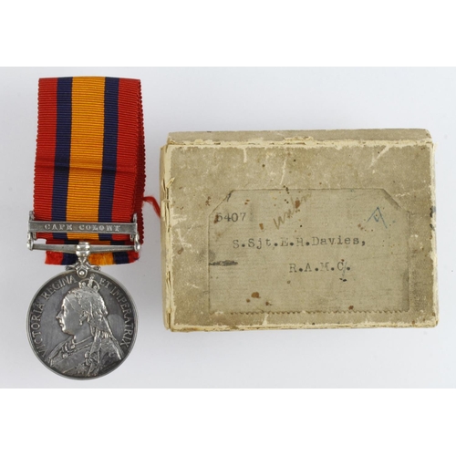 2351 - QSA with Cape Colony clasp and original box of issue (5407 S.Sejt E A Davies RAMC). Served No 3 Stat... 