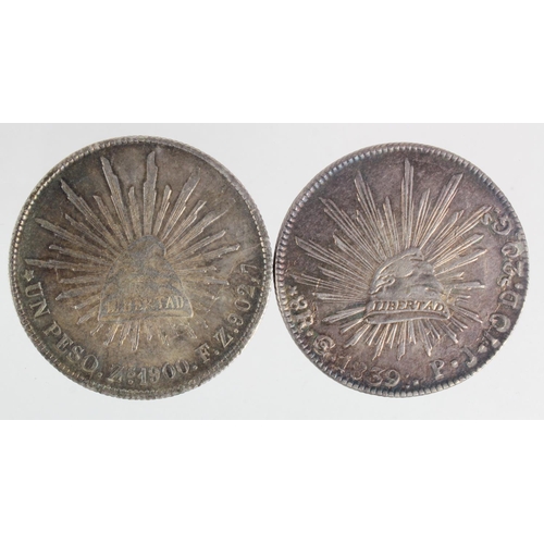 243 - Mexico (2) silver: 8 Reales 1839 Go PJ nEF, and Peso 1900 Zs FZ GEF