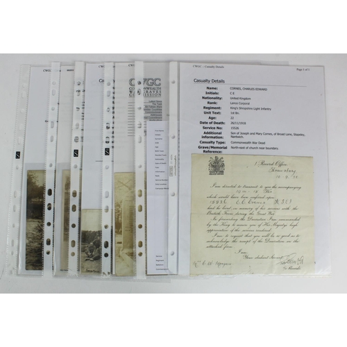 2498 - WW1 Casualty related documents etc - Charles Edward Cornes KSLI 26/11/1918. James A Craig KOSB 31/5/... 