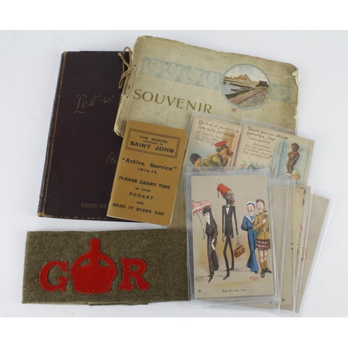 2511 - WW1 GR Denby arm band with 1914-18 pocket bible, WW1 comic post cards and a booklet signed by soldie... 