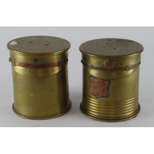 2530 - WW1 trench art 18pd shell cases made into tobacco jars two of both tops made into hats.