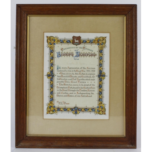 2531 - WW1 Tribute item - a glazed & framed original certificate 'Presented by the Citizens of Bishop Stort... 