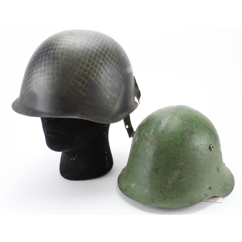 2544 - WW2 battle damaged Bulgarian helmet with shrapnel split to side complete with lining and chin strap ... 