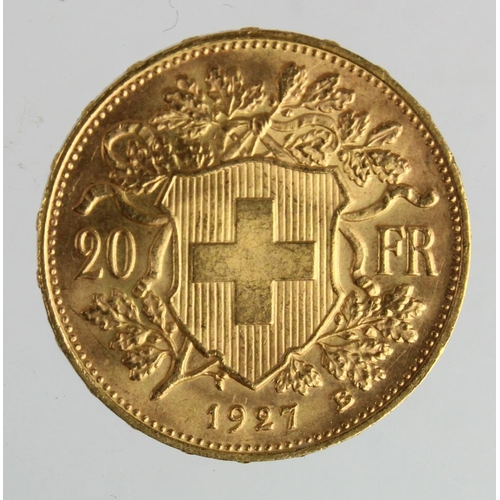 255 - Switzerland gold 20 Francs 1927-B, AU (0.1867 troz oz AGW)