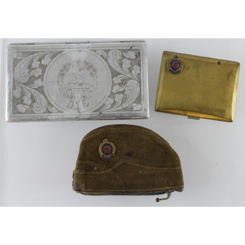 2614 - WW2 trench art including a small purse with RE badge in the form of a side hat, RE compact case and ... 