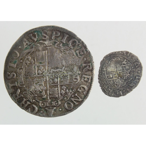 298 - Charles I silver (2): Shilling mm. bell S.2791 F/GF, and Halfgroat mm. triangle S.2832, short of fla... 