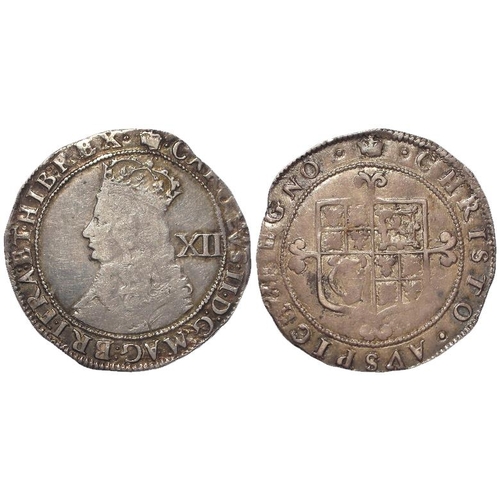 304 - Charles II hammered silver shilling, Third Issue, mm. Crown, S.3322, 5.90g, nVF for type, with an ol... 