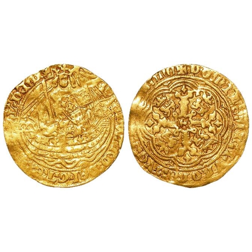 315 - Edward III gold Half-noble, Fourth Coinage, type G (1356-1361), S.1490, 3.65g. GF, a crack runs thro... 