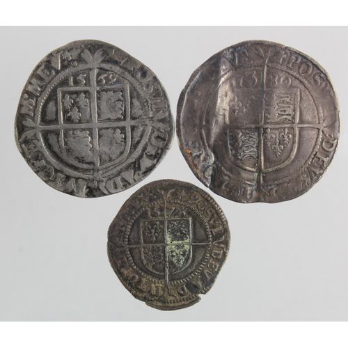 328 - Elizabeth I silver (3): Sixpence 1569 mm coronet S.2562 VG; Sixpence 1580 mm. Latin cross S.2572 Fin... 