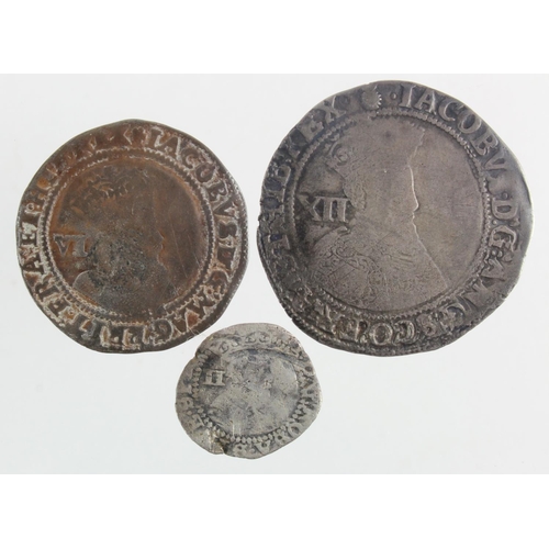 370 - James I silver (3): Shilling mm. thistle S.2646 VG/F; Sixpence 1606 mm. rose S.2658 Fair; and Halfgr... 