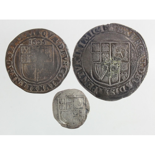 370 - James I silver (3): Shilling mm. thistle S.2646 VG/F; Sixpence 1606 mm. rose S.2658 Fair; and Halfgr... 